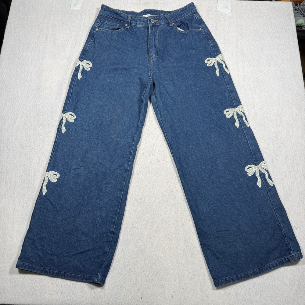 Riley & James Women Medium Wash Bow Embroidered Wide Leg Jeans Size L RN123271